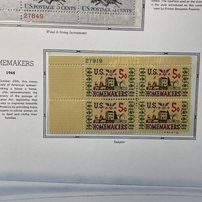 American Music & Homemakers 1964 Mint Condition US Stamp Plate Blocks Page as Pictured. Only One $5 Shipping Charge for 1 or 100...