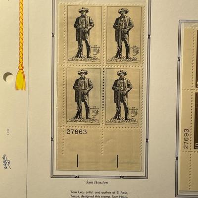 Sam Houston & John Muir 1964 Mint Condition US Stamp Plate Blocks Page as Pictured. Only One $5 Shipping Charge for 1 or 100 Pages Won.