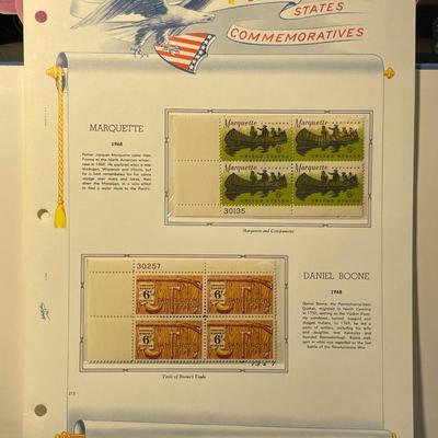 Marquette & Daniel Boone 1968 Mint Condition US Stamp Plate Blocks Page as Pictured. Only One $5 Shipping Charge for 1 or 100 Pages Won.