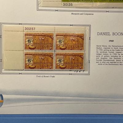 Marquette & Daniel Boone 1968 Mint Condition US Stamp Plate Blocks Page as Pictured. Only One $5 Shipping Charge for 1 or 100 Pages Won.