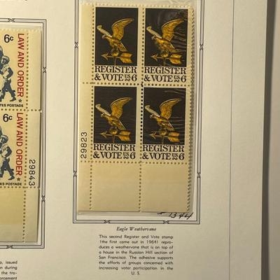 Law Enforcement & Register and Vote 1968 Mint Condition US Stamp Plate Blocks Page as Pictured. Only One $5 Shipping Charge for 1 or...