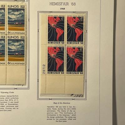 Illinois Statehood & Hemisfair 1968 Mint Condition US Stamp Plate Blocks Page as Pictured. Only One $5 Shipping Charge for 1 or 100...