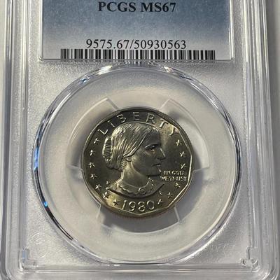 SCARCE PCGS CERTIFIED 1980-D MS67 SUSAN B. ANTHONY DOLLAR FRESHLY GRADED. FREE DOMESTIC SHIPPING.