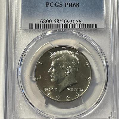 PCGS CERTIFIED 1964 PROOF-68 KENNEDY SILVER HALF DOLLAR FRESHLY GRADED. FREE DOMESTIC SHIPPING.