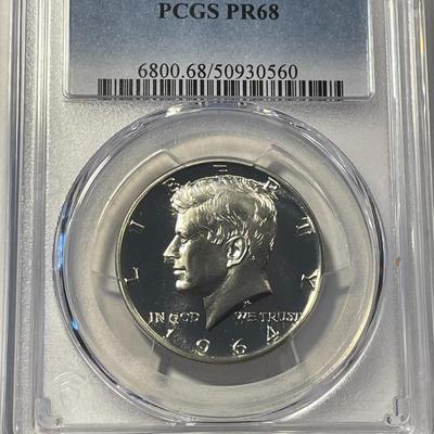 PCGS CERTIFIED 1964 PROOF-68 KENNEDY SILVER HALF DOLLAR FRESHLY GRADED. FREE DOMESTIC SHIPPING.