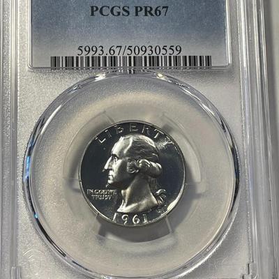 PCGS CERTIFIED 1961 PROOF-67 WASHINGTON SILVER QUARTER FRESHLY GRADED. FREE DOMESTIC SHIPPING.