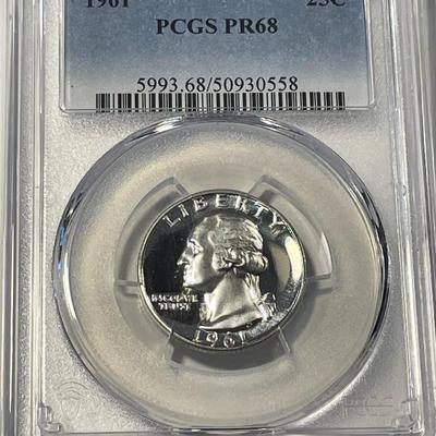 PCGS CERTIFIED 1961 PROOF-68 (LIGHT CAMEO ACCENTED) WASHINGTON SILVER QUARTER FRESHLY GRADED. FREE DOMESTIC SHIPPING.