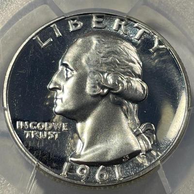 PCGS CERTIFIED 1961 PROOF-68 (LIGHT CAMEO ACCENTED) WASHINGTON SILVER QUARTER FRESHLY GRADED. FREE DOMESTIC SHIPPING.
