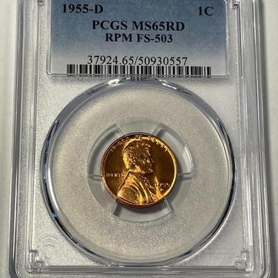 PCGS CERTIFIED 1955-P MS65 RED RPM TOP-100 FS-503 LINCOLN CENT FRESHLY GRADED. FREE DOMESTIC SHIPPING.