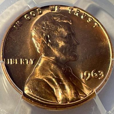 PCGS CERTIFIED 1963-P MS65 RED LINCOLN CENT FRESHLY GRADED. FREE DOMESTIC SHIPPING.