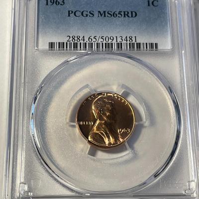 PCGS CERTIFIED 1963-P MS65 RED LINCOLN CENT FRESHLY GRADED. FREE DOMESTIC SHIPPING.