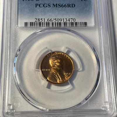 PCGS CERTIFIED 1958-D MS66 RED LINCOLN CENT FRESHLY GRADED. (5 IN DATE ATTACHED TO MINTMARK "D" VARIETY).
