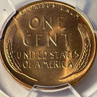 PCGS CERTIFIED 1958-D MS66 RED LINCOLN CENT FRESHLY GRADED. (5 IN DATE ATTACHED TO MINTMARK "D" VARIETY).