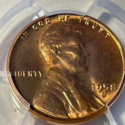 PCGS CERTIFIED 1958-D MS66 RED LINCOLN CENT FRESHLY GRADED. (5 IN DATE ATTACHED TO MINTMARK "D" VARIETY).