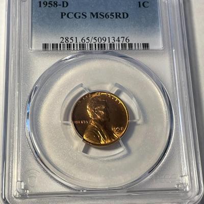 PCGS CERTIFIED 1958-D MS65 RED LINCOLN CENT FRESHLY GRADED. FREE DOMESTIC SHIPPING.