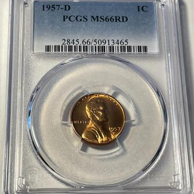 PCGS CERTIFIED 1957-D MS66 RED LINCOLN CENT FRESHLY GRADED. FREE DOMESTIC SHIPPING.