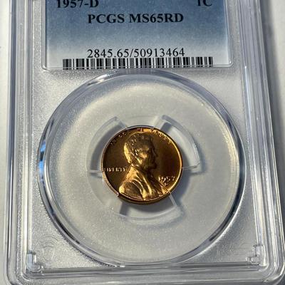 PCGS CERTIFIED 1957-D MS65 RED LINCOLN CENT FRESHLY GRADED. FREE DOMESTIC SHIPPING.