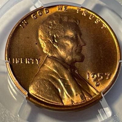 PCGS CERTIFIED 1957-D MS65 RED LINCOLN CENT FRESHLY GRADED. FREE DOMESTIC SHIPPING.