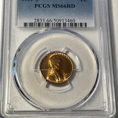 PCGS CERTIFIED 1955-S MS66 RED LINCOLN CENT FRESHLY GRADED. (FILLED "5" IN DATE VARIETY). FREE DOMESTIC SHIPPING.