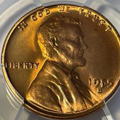 PCGS CERTIFIED 1955-S MS66 RED LINCOLN CENT FRESHLY GRADED. (FILLED "5" IN DATE VARIETY). FREE DOMESTIC SHIPPING.