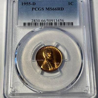 PCGS CERTIFIED 1955-D MS66 RED LINCOLN CENT FRESHLY GRADED. FREE DOMESTIC SHIPPING.