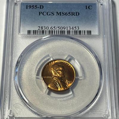 PCGS CERTIFIED 1955-D MS65 RED LINCOLN CENT FRESHLY GRADED. FREE DOMESTIC SHIPPING.