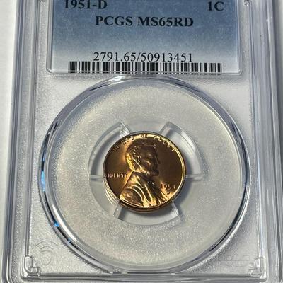 PCGS CERTIFIED 1951-D MS65 RED LINCOLN CENT FRESHLY GRADED. FREE DOMESTIC SHIPPING.