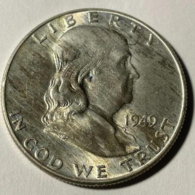 1949-P UNCIRCULATED/MS60 FBL CONDITION FRANKLIN SILVER HALF DOLLAR AS PICTURED. FREE DOMESTIC SHIPPING.