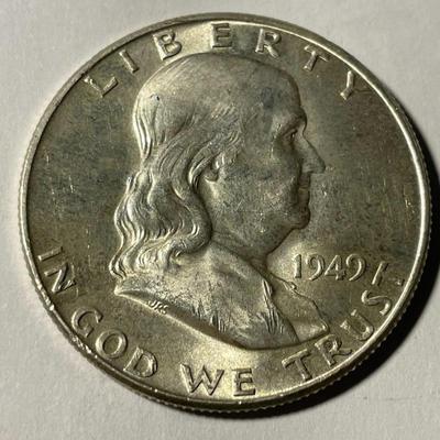 1949-P AU58+ CONDITION FRANKLIN SILVER HALF DOLLAR AS PICTURED. FREE DOMESTIC SHIPPING.