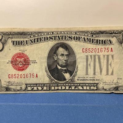 SERIES 1928-E $5 ***RED SEAL*** UNITED STATES NOTE CIRCULATED CONDITION G85201675A AS PICTURED. FREE DOMESTIC SHIPPING.