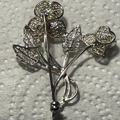 VINTAGE STERLING SILVER FILIGREE PIN/BROOCH 2.25" TALL MADE IN GERMANY IN VG PREOWNED CONDITION AS PICTURED.