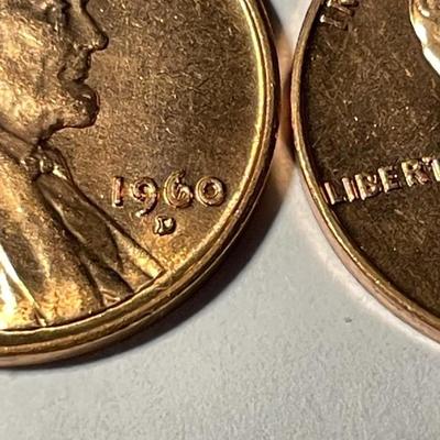 (6) 1960-D BU SMALL DATE FILLED "6" IN DATE VARIETY LINCOLN CENTS AS PICTURED. FREE DOMESTIC SHIPPING.