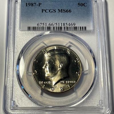 PCGS CERTIFIED 1987-P MS66 KENNEDY HALF DOLLAR AS PICTURED. FREE DOMESTIC SHIPPING.
