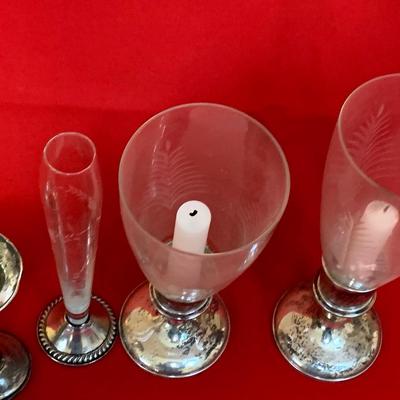 Sterling Weighted Candle Bases w/ Etched Glass / Bud Vase