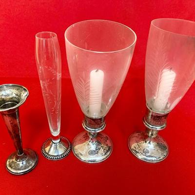 Sterling Weighted Candle Bases w/ Etched Glass / Bud Vase