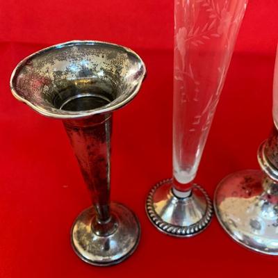 Sterling Weighted Candle Bases w/ Etched Glass / Bud Vase