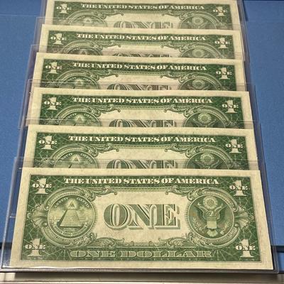 6-Series 1935-A $1.00 (Consecutive Serial Numbers) Silver Certificates Uncirculated Condition Banknotes Q45808518A to Q45808523A as...