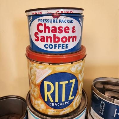 Collection of Vintage Tin Cans Coffee , Crackers, Shortening Baking Powder