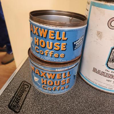 Collection of Vintage Tin Cans Coffee , Crackers, Shortening Baking Powder