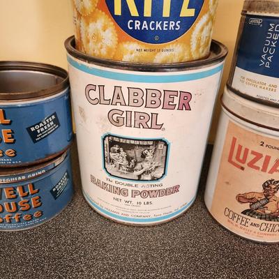 Collection of Vintage Tin Cans Coffee , Crackers, Shortening Baking Powder