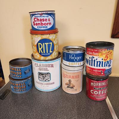 Collection of Vintage Tin Cans Coffee , Crackers, Shortening Baking Powder