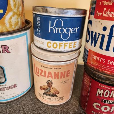 Collection of Vintage Tin Cans Coffee , Crackers, Shortening Baking Powder