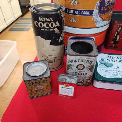 Collection of Tin Cans Esskay Meats Armour Lard Watkins Cocoa , Banquet Tea , McCormick Spices
