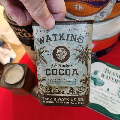 Collection of Tin Cans Esskay Meats Armour Lard Watkins Cocoa , Banquet Tea , McCormick Spices
