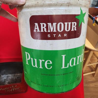 Collection of Tin Cans Esskay Meats Armour Lard Watkins Cocoa , Banquet Tea , McCormick Spices