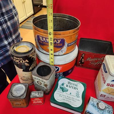 Collection of Tin Cans Esskay Meats Armour Lard Watkins Cocoa , Banquet Tea , McCormick Spices
