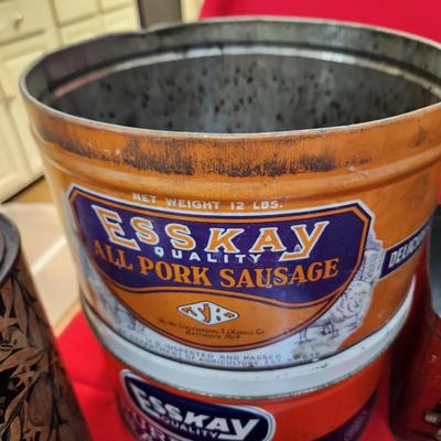 Collection of Tin Cans Esskay Meats Armour Lard Watkins Cocoa , Banquet Tea , McCormick Spices