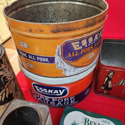 Collection of Tin Cans Esskay Meats Armour Lard Watkins Cocoa , Banquet Tea , McCormick Spices
