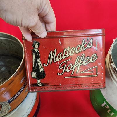 Collection of Tin Cans Esskay Meats Armour Lard Watkins Cocoa , Banquet Tea , McCormick Spices