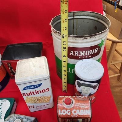 Collection of Tin Cans Esskay Meats Armour Lard Watkins Cocoa , Banquet Tea , McCormick Spices
